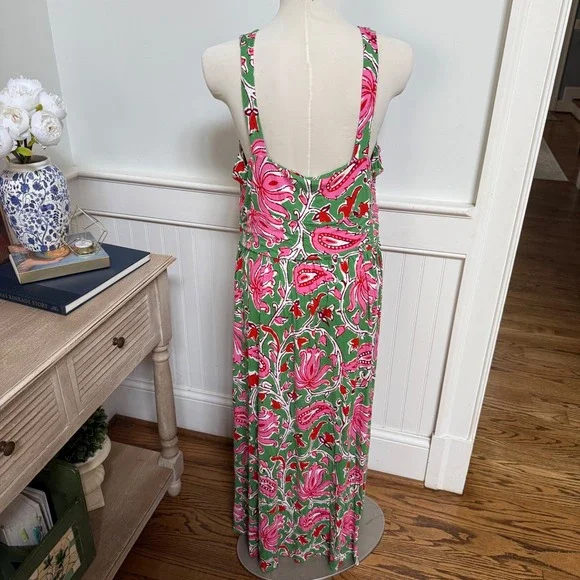 Boden Green Pink Floral Paisley Jersey V-Neck Maxi Dress US 16-18R Sleeveless - Picture 3 of 8
